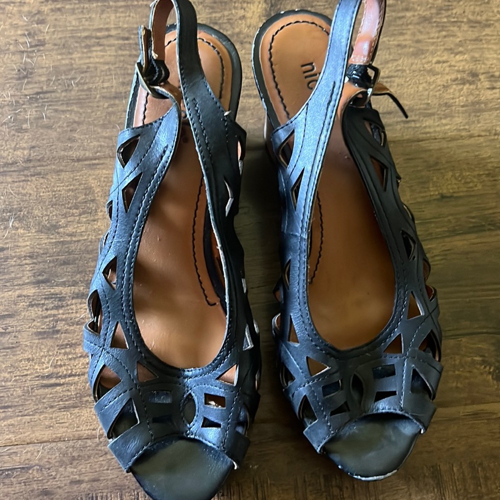 Black leather cork cutout high heel wedge